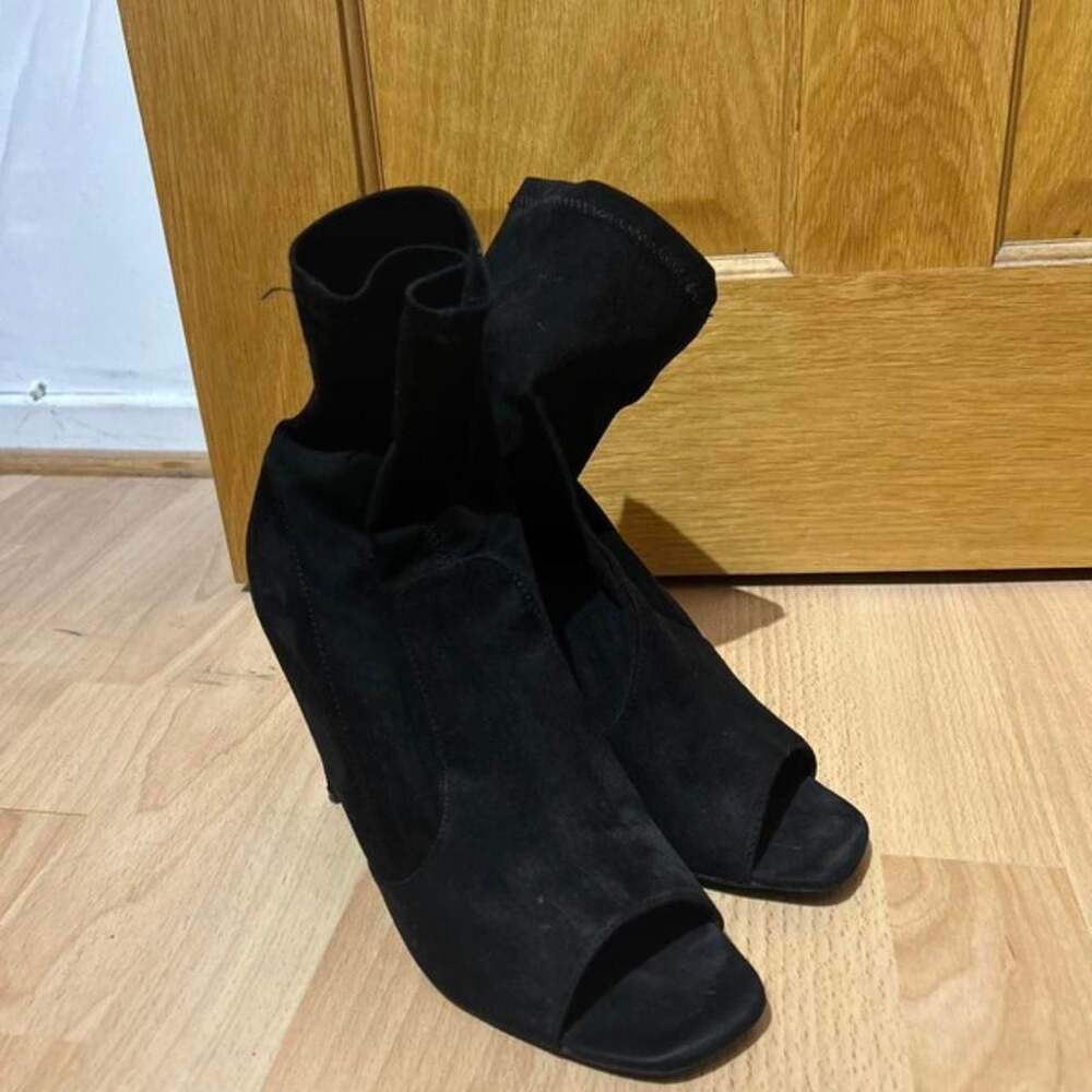 Public Desire Black Suede Peep Toe Sock Ankle Boots - US Women's 8